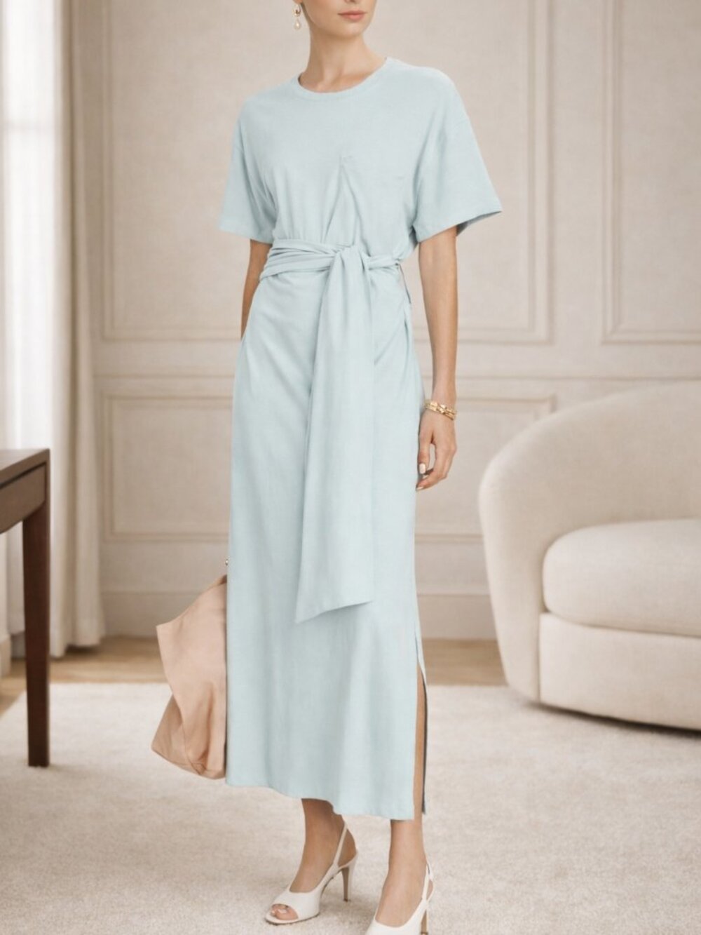 NWT Jonathan Simkhai Sara Tie-Waist Dress – Blue Short Sleeve Midi